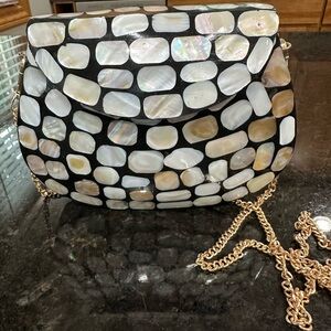 Ramla Shell Mosaic Crossbody Bag with Gold Chain